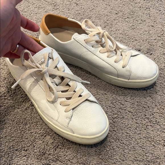 White Leather Sneakers with Tan Accents - Picture 1 of 6